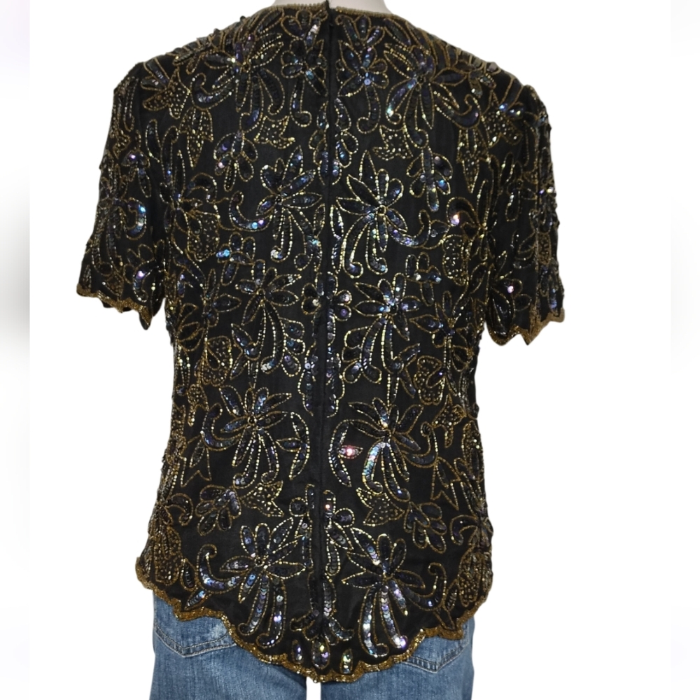 Vintage Papell Boutique Evening Blouse Sequin Silk Beaded Top Cote d' Azur - Picture 6 of 9